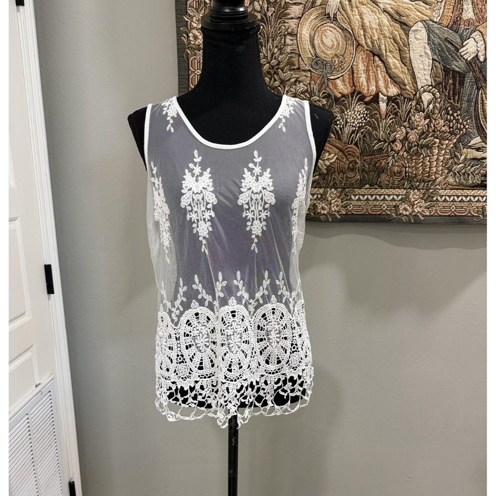 INC International Concepts Tank Top Womens Small White Sheer Crochet Lace Floral